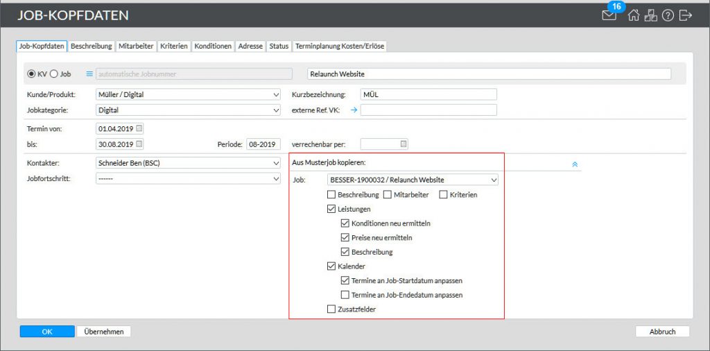 Job-Kopfdaten easyJOB im Agentursoftware-Guide