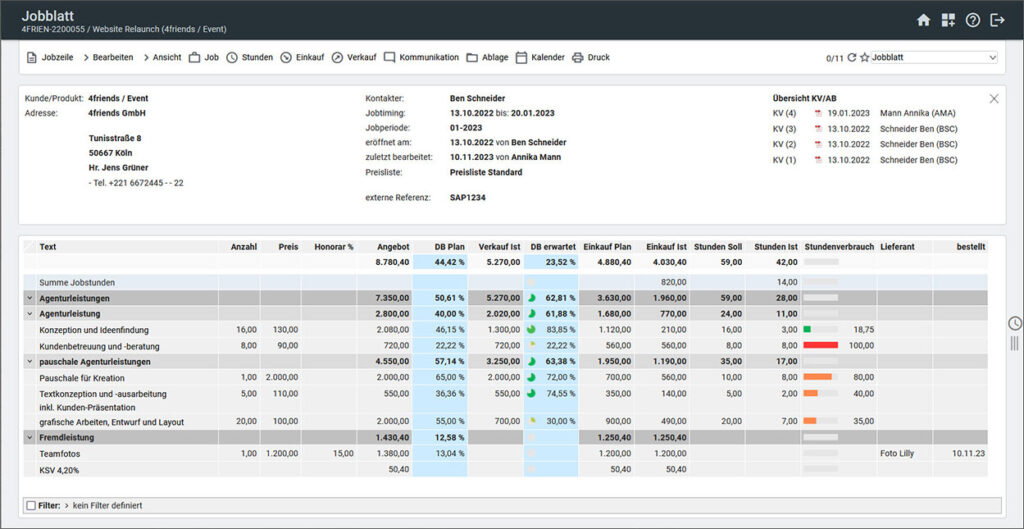 easyJob Jobblatt screenshot Kennzahlen