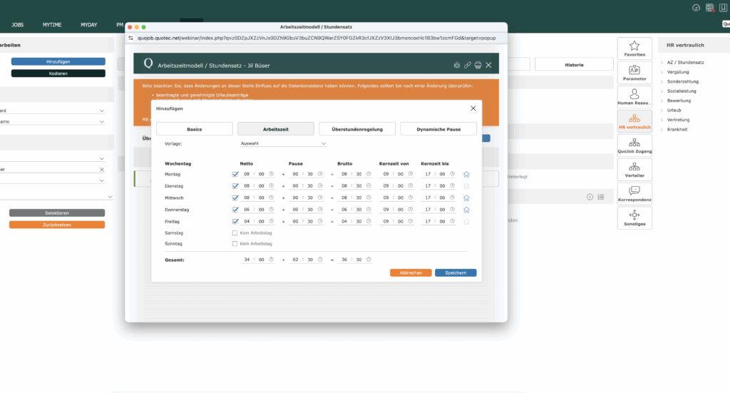 QuoJob Screen Arbeitszeitenmodell