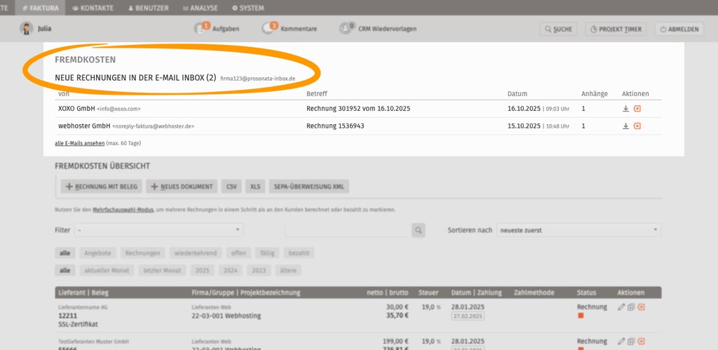 Screenshot ProSonata Fremdrechnungen per Mail empfangen